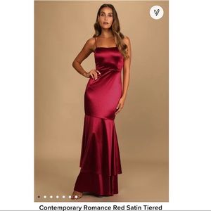 Contemporary Romance Red Satin Tiered Mermaid Maxi Dress Lulu’s